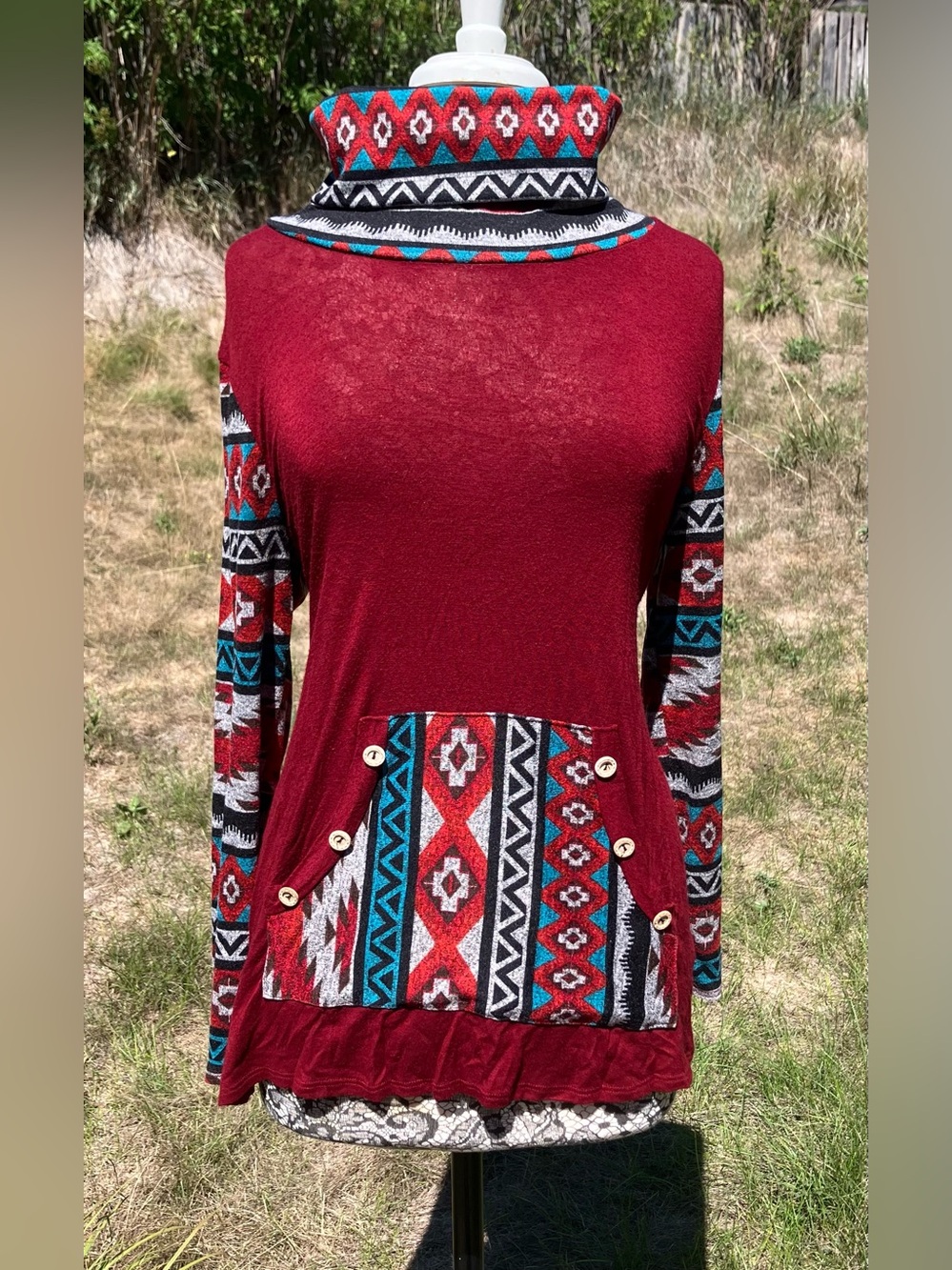 Burgundy Aztec-Trim Funnel Neck Pullover Top